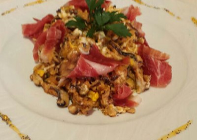 Revuelto de setas, jamón y papaya de málaga (papaya_mmm…)